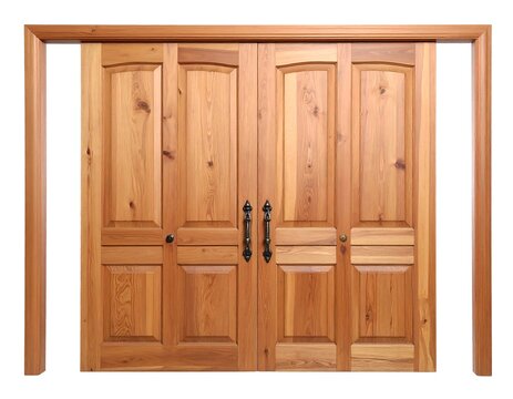 Wooden double doors, natural wood color, decorative panels, framed by doorjambs, with hardware including handles and a lock