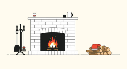 Cozy and minimalist illustration of a white brick fireplace with a roaring fire, a stack of logs, and fireplace tools.