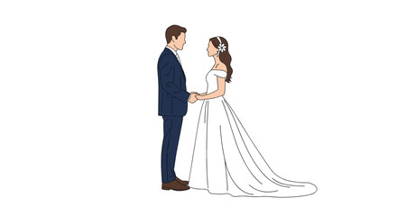 Elegant and simple illustration of a bride and groom holding hands, with the bride in a beautiful white wedding dress.