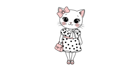 Adorable cartoon white kitten character wearing a cute polka dot dress and a pink bow, holding a small pink purse.