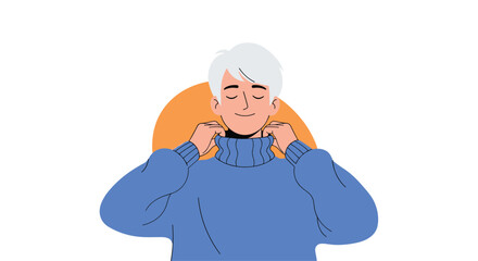 Comfortable and content young man with white hair smiling as he adjusts the collar of his cozy, oversized blue turtleneck sweater.