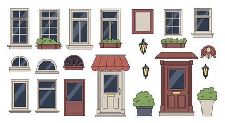 Collection of classic architectural elements for house exteriors, including various windows, doors, awnings, lamps, and potted plants.