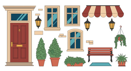 Charming collection of exterior house and street elements, including a door, windows, bench, plants, and vintage-style street lamps.