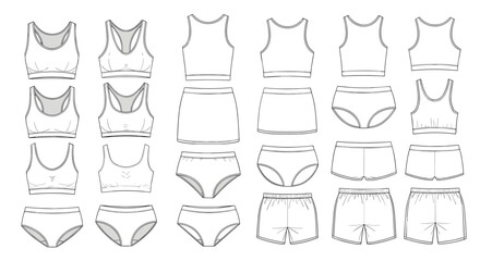 Large collection of technical sketch templates for women's activewear and underwear, showing various styles of bras, tops, and shorts.