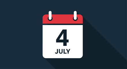 Flat design calendar icon with a long shadow, showing the date July 4th, representing American Independence Day.