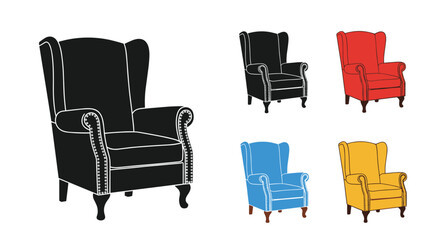 Set of classic wingback armchairs shown in a black silhouette and four different color options: red, blue, and yellow.