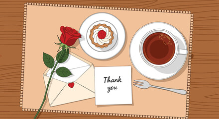 Heartfelt and romantic scene with a cup of coffee, a tart, a red rose, and a thank you note beside an envelope.