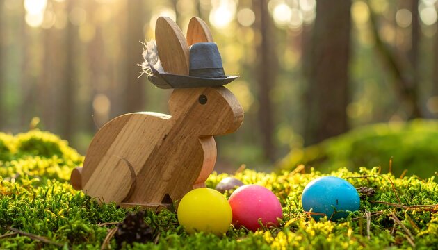 Wooden Easter bunny wearing a hat next to colorful Easter eggs on a bed of green moss, outdoors with sunlight