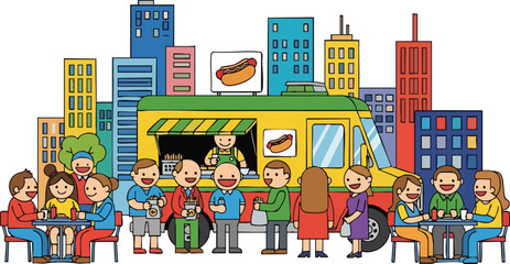 Naklejka premium Diverse Crowd Enjoys Food Truck Fare Amidst Colorful Cityscape and Tall Buildings