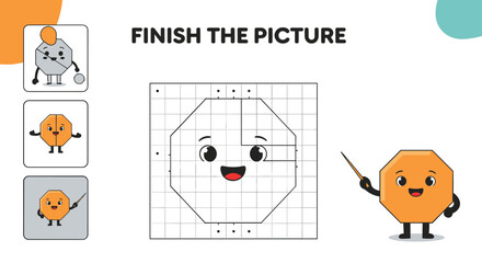 Educational finish the picture game for kids featuring a cute octagon character, requiring children to connect the dots and complete the drawing.
