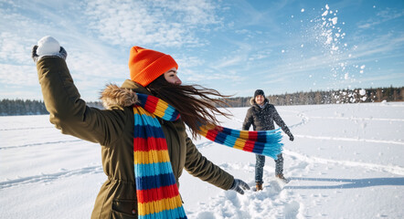 Happy young couple having a fun snowball fight outdoors. Woman in a bright orange beanie about to throw a snowball on a sunny winter day