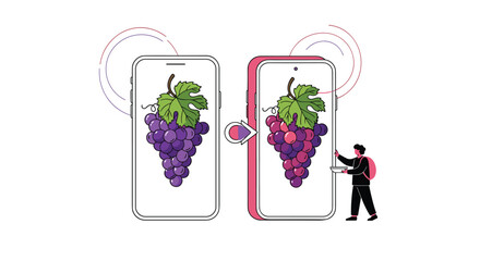 Conceptual illustration of data transfer between two mobile devices showing a bunch of grapes moving from one screen to another.