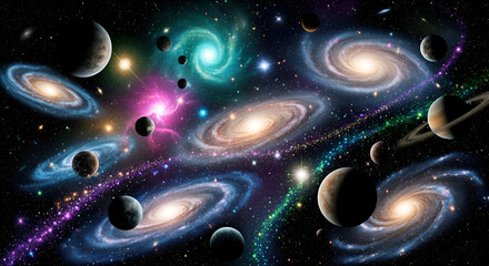 Explore the cosmos with stunning planets and vibrant galaxies, perfect for science fiction, space exploration, and educational projects about the universe