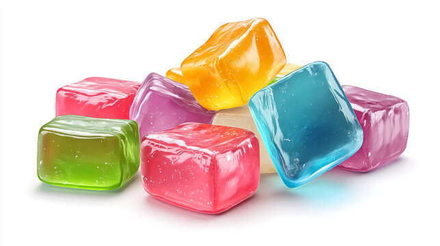 A close up shot of a pile of colorful cube shaped gummy candies on a white background surface
