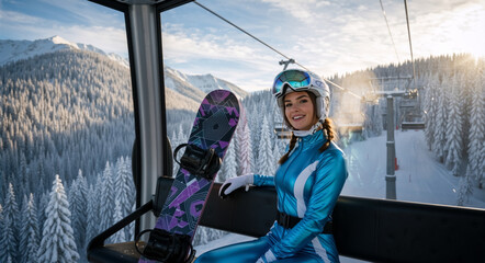 Smiling female snowboarder in a gondola at a ski resort. Young woman riding a ski lift up a snowy mountain on a sunny day. Winter sports vacation concept