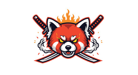 A fierce red panda with glowing eyes and crossed swords, surrounded by flames and smoke. © Tutorialxxx18