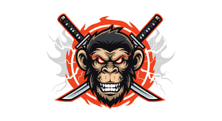 Cartoon illustration of an angry monkey head with crossed swords behind it, set against a stylized red and white background.