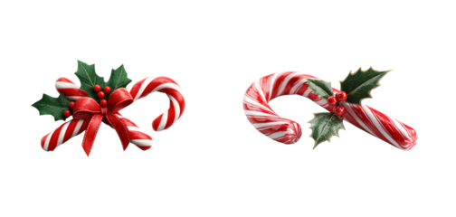 Festive candy canes with holly berries and a red ribbon on transparent background