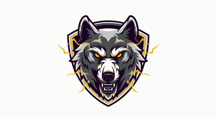 A stylized wolf head with bared fangs, set against a shield with lightning bolt accents.