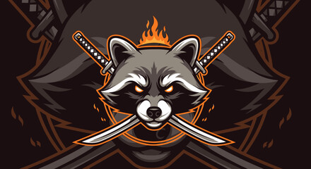 Cartoon raccoon head with crossed katana swords and flames, set against a stylized background.