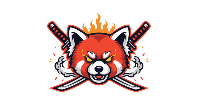A fierce red panda with glowing eyes and crossed swords, surrounded by flames and smoke.