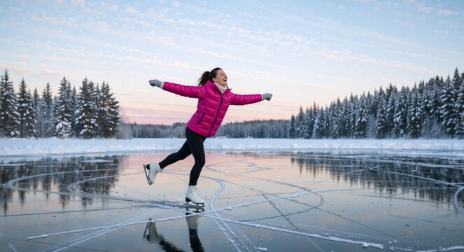 Happy woman ice skating on a frozen lake in a winter landscape. Joyful female enjoying outdoor sport and recreation at sunset. Active lifestyle concept