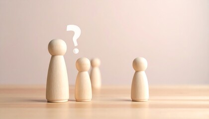 Wooden figurines arranged with a question mark, conveying uncertainty on a wooden surface