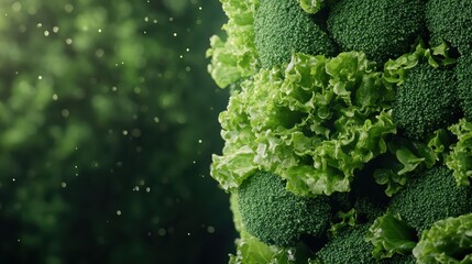 Fresh green broccoli and crisp lettuce leaves clustered together with water droplets glistening in soft light against a blurred natural backdrop, embodying healthy eating.