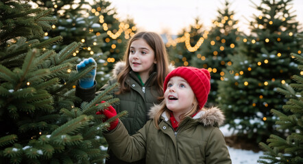 Two young sisters choosing a christmas tree at a festive outdoor farm. Happy children in winter coats looking at evergreen trees with glowing lights. Holiday season tradition and childhood wonder