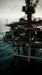 A striking offshore oil drilling platform stands tall against the evening sky. Waves lap at the structure while machinery hums with activity, showcasing human innovation in ocean energy extraction.