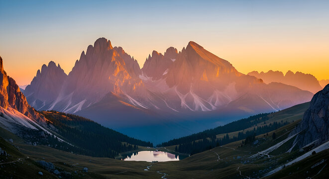 Dramatic Dolomites mountains glow under vibrant sunrise, serene lake reflects golden light, perfect for travel blog or outdoor adventure campaign