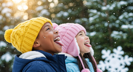 Happy diverse children catching snowflakes on their tongues. African American black boy and Asian girl having fun in the winter snow