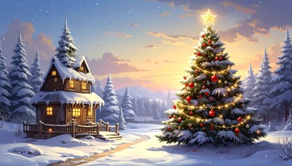 Winter landscape with snow-covered house and decorated tree under a sunset. The image captures a peaceful holiday scene in a snowy forest