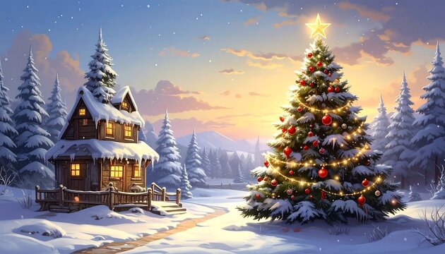 Winter landscape with snow-covered house and decorated tree under a sunset. The image captures a peaceful holiday scene in a snowy forest - Powered by Adobe
