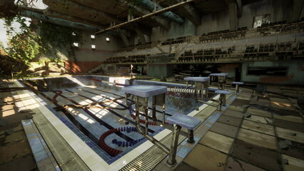 A once vibrant indoor swimming pool lies empty, overtaken by nature. Broken tiles and rusted rails tell stories of past activities, while sunlight breaks through the cracked ceiling.