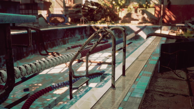 A neglected swimming pool sits overgrown with plants, showcasing rusted ladders and broken tiles. Sunlight filters through dusty windows, illuminating the remnants of past leisure.