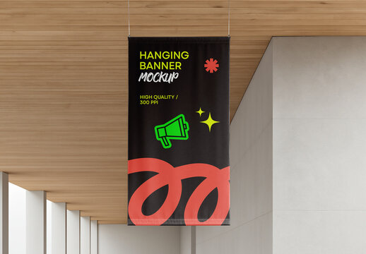Hanging Banner Mockup Template &ndash; Realistic Vertical Advertising Display for Branding and Indoor Presentation