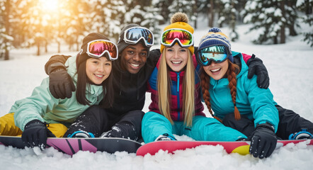Happy group of diverse friends posing in the snow with snowboards. Young multi-ethnic people on a winter vacation at a mountain resort