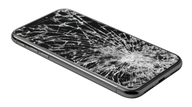 Shattered smartphone with severely cracked glass screen displaying detailed impact damage and fractured pattern for repair, accident, technology failure concepts on white background
