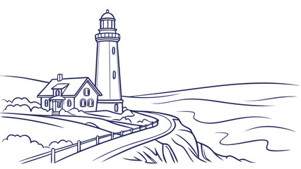Scenic coastal lighthouse with charming house inspires nautical adventures and seaside serenity, originally vector art