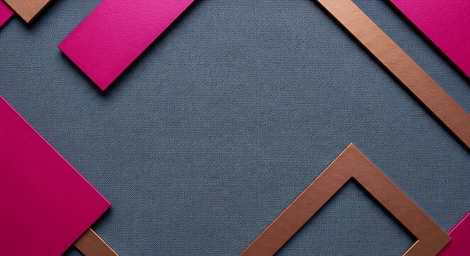 Geometric arrangement featuring magenta rectangles and bronze framing elements