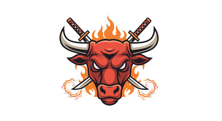 A fierce red bull with crossed swords and flames, ready for battle.