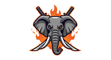 An illustration of an elephant head with crossed katanas and flames behind it.