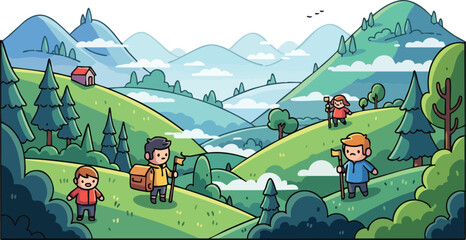 Pixel Art Landscape of People Hiking Through Rolling Green Hills Under a Blue Sky with Distant Mountains