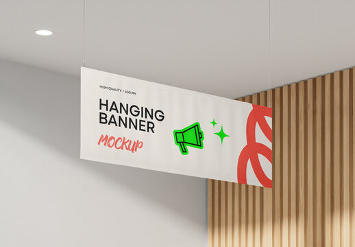 Hanging Horizontal Banner Mockup Template &ndash; Realistic Fabric Advertising Display for Indoor Branding and Modern Presentation