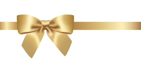 Beautiful gold bow with horizontal ribbon isolated on transparent background made in realistic style. 