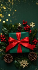 Greeting card with christmas gift box, fir tree branches, cones, lights and a place for text