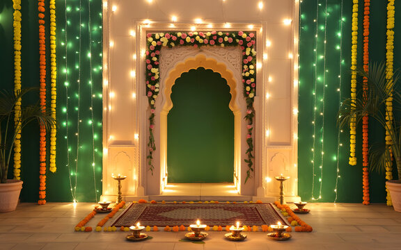 Glowing Sandstone Palace Arch Backdrop with Roses, Marigolds, Diyas and Festive Fairy Lights - Powered by Adobe