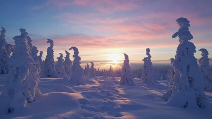 Winter landscape in the fir forest at sunrise	