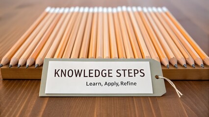 Neatly aligned wooden pencils of various lengths with a label showing knowledge steps representing a journey of learning growth and refinement